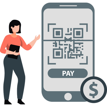 Girl pointing at online payment with QR scan  Illustration