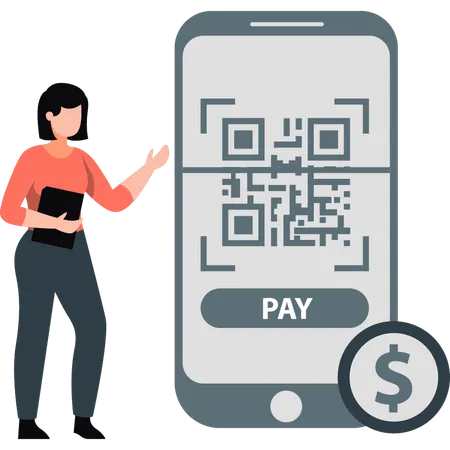 Girl pointing at online payment with QR scan  Illustration