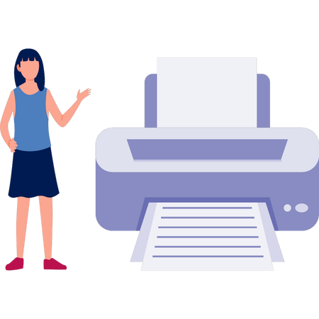 Girl pointing at paper printer  Illustration