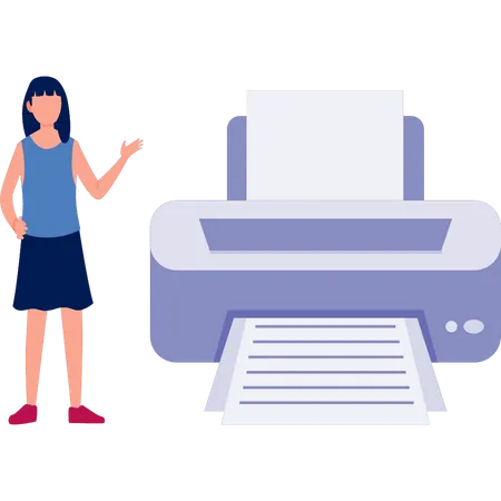 Girl pointing at paper printer  Illustration