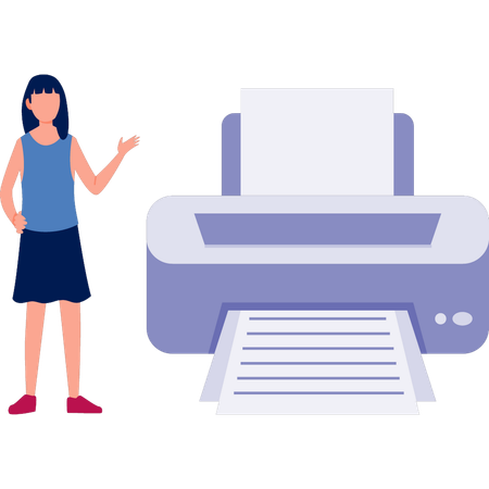 Girl pointing at paper printer  Illustration