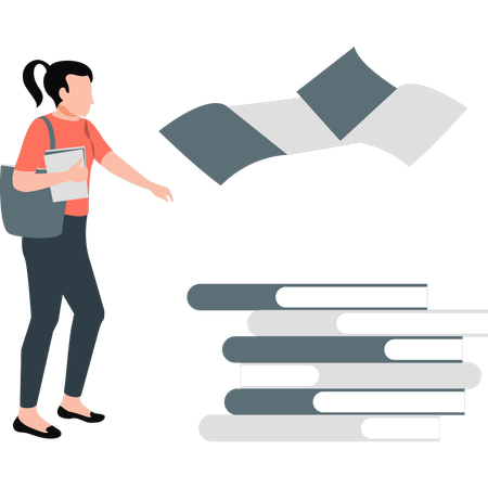 Girl pointing at school books  Illustration