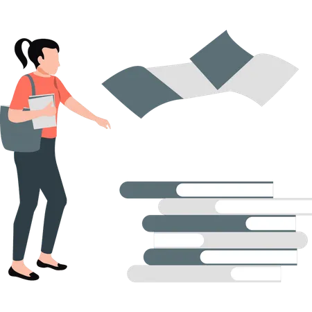 Girl pointing at school books  Illustration