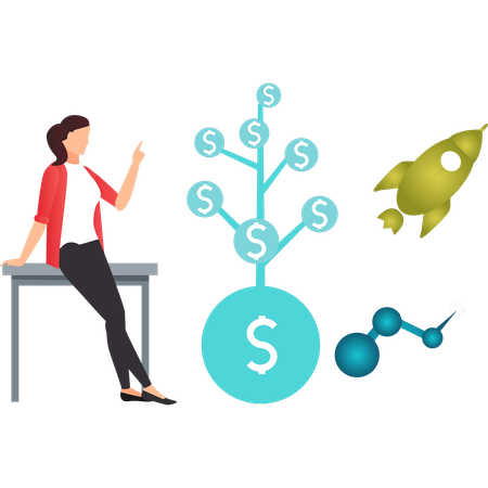 Girl pointing at startup rocket  Illustration