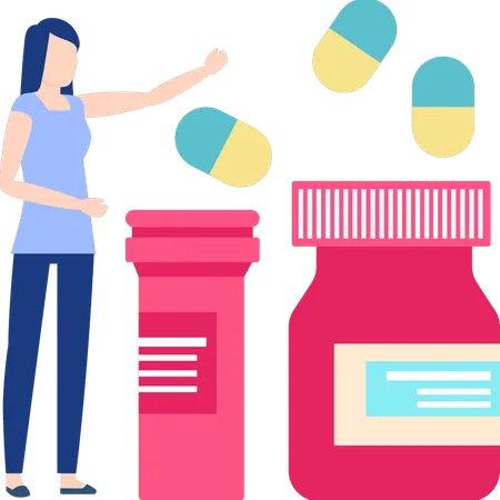 Girl pointing at supplements  Illustration
