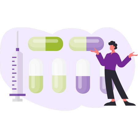 Girl pointing at supplements  Illustration