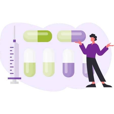 Girl pointing at supplements  Illustration