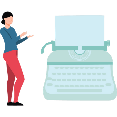 Girl pointing at typewriter  Illustration