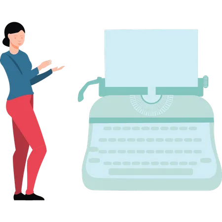 Girl pointing at typewriter  Illustration