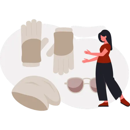 Girl pointing at winter hand gloves  Illustration