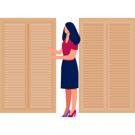 Girl pointing at wooden door  Illustration