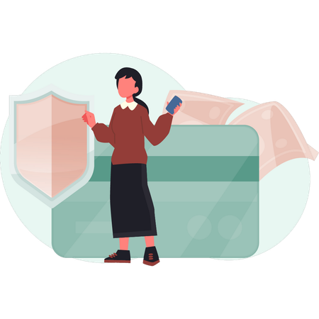 Girl pointing bank card protection  Illustration