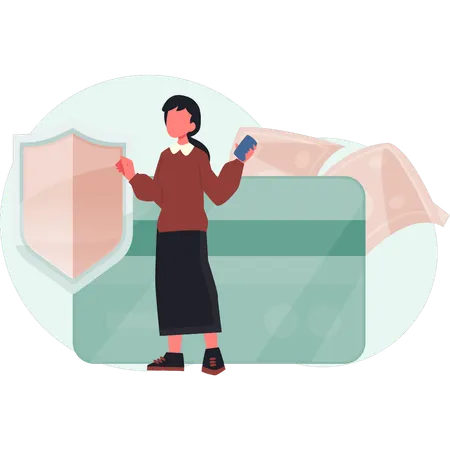 Girl pointing bank card protection  Illustration