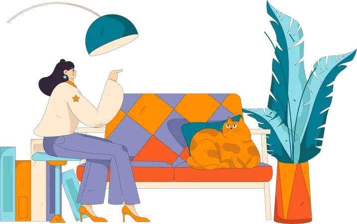 Girl pointing cat at home  Illustration