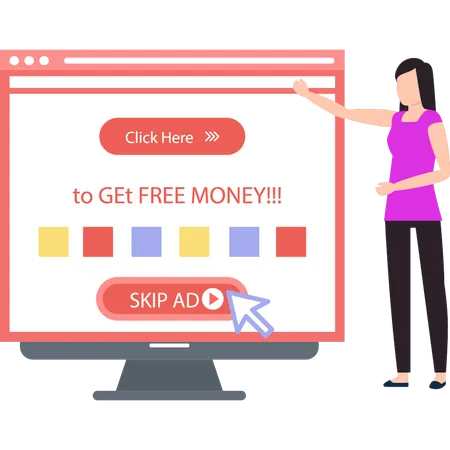 Girl Pointing Click Here To Get Free Money On Monitor イラスト