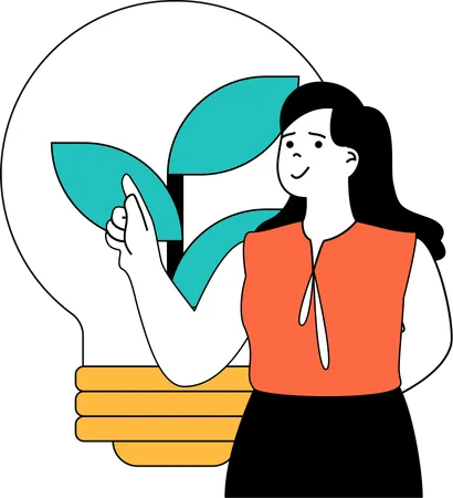 Girl pointing green bulb  Illustration
