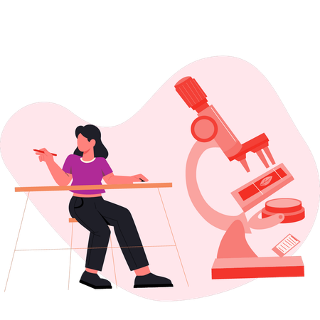 Girl pointing microscope while doing medical research  Illustration