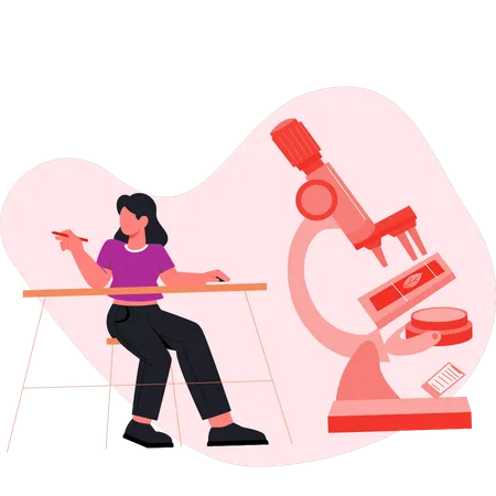 Girl pointing microscope while doing medical research  Illustration