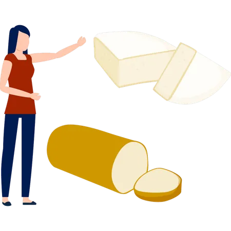 Girl  pointing milk product item  Illustration