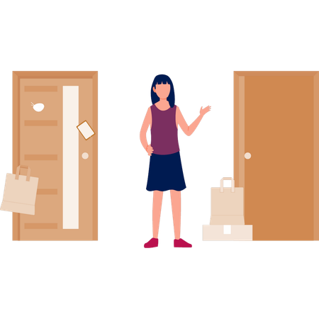 Girl pointing on parcel at the door way  Illustration