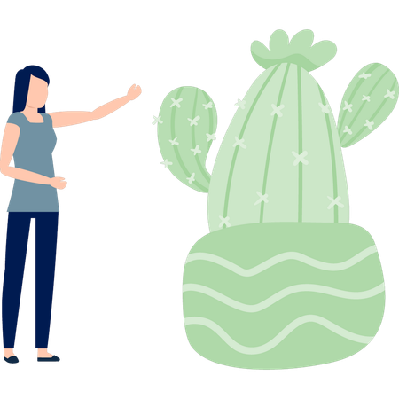 Girl pointing opuntia plant  Illustration