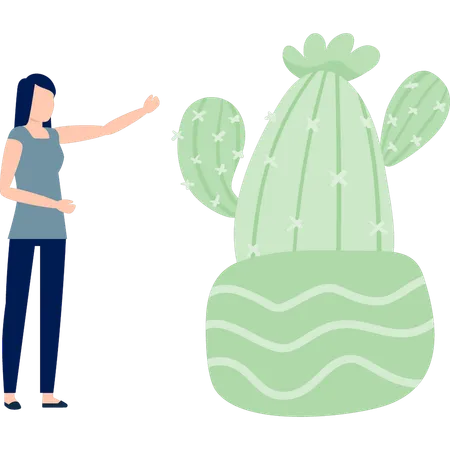 Girl pointing opuntia plant  Illustration