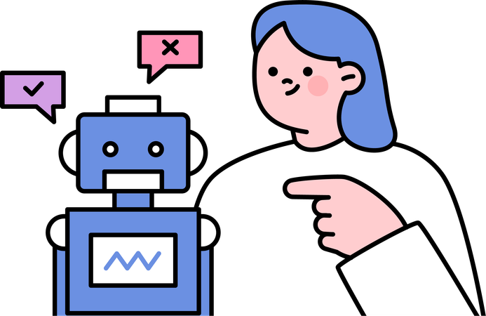 Girl pointing robot answer  Illustration