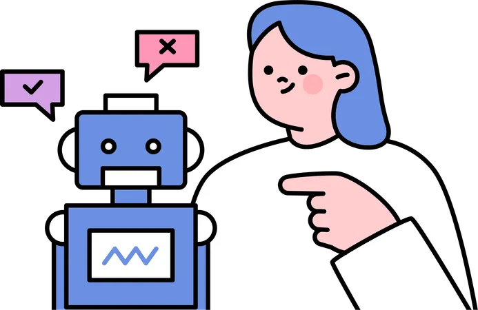 Girl pointing robot answer  Illustration