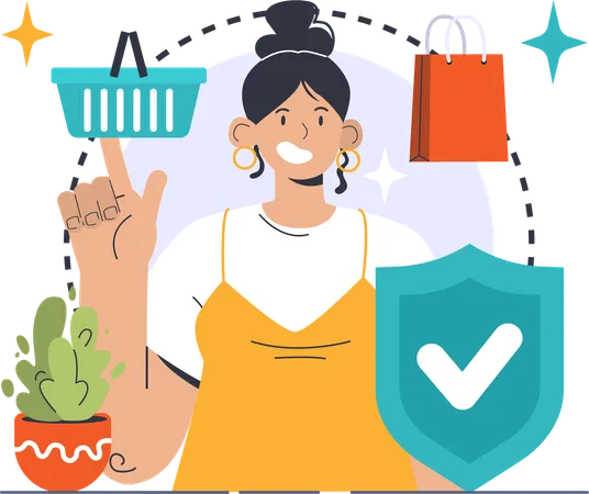 Girl pointing shopping basket  Illustration