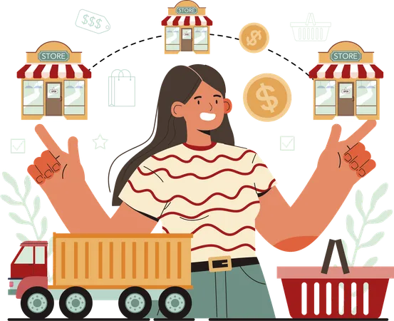 Girl pointing shopping shop  Illustration