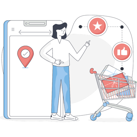 Girl pointing shopping trolley  Illustration