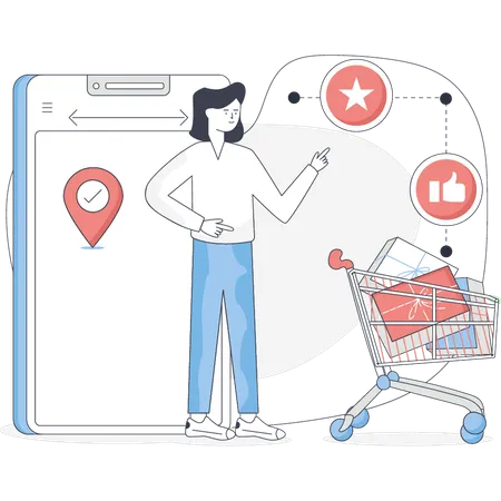 Girl pointing shopping trolley  Illustration