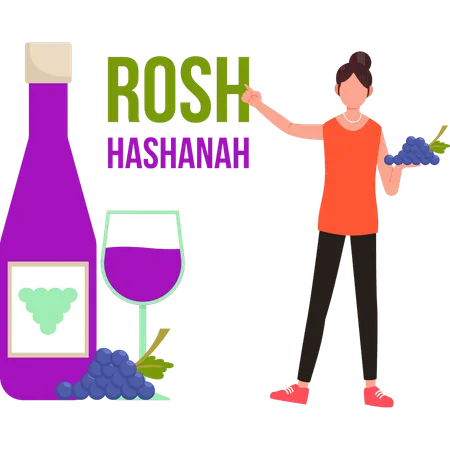 Girl pointing to a bottle of wine for Rosh Hashanah  Illustration