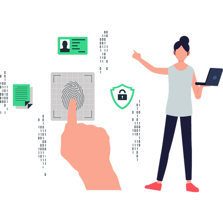 Girl pointing to biometric fingerprint  Illustration