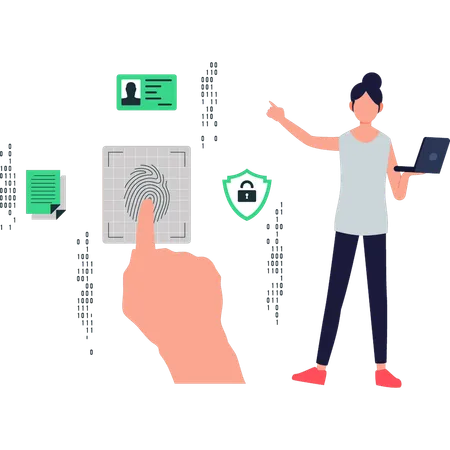 Girl pointing to biometric fingerprint  Illustration