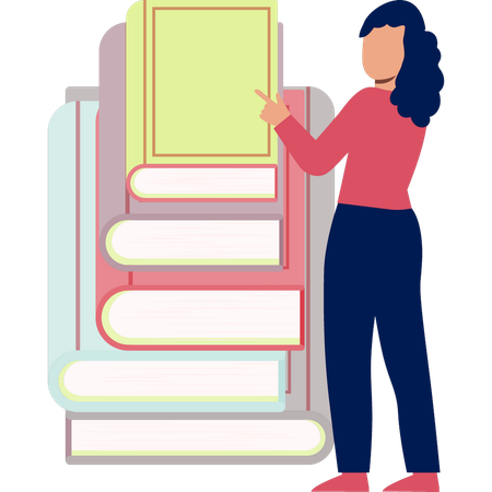 Girl pointing to books on Wikipedia  Illustration