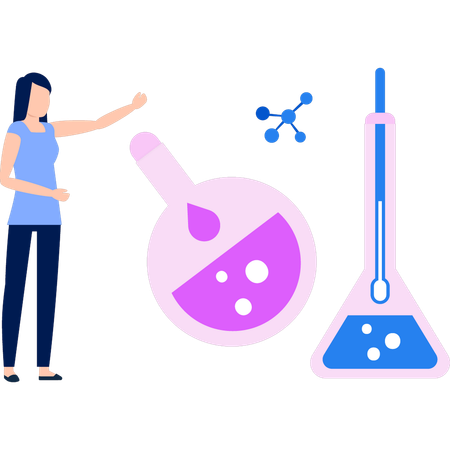 Girl pointing to chemicals in science lab  Illustration