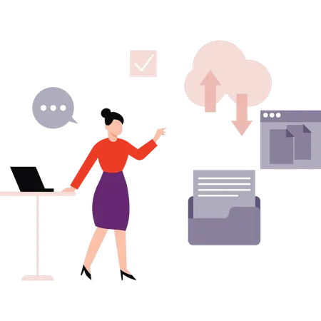 Girl Pointing To Cloud Network Files Illustration