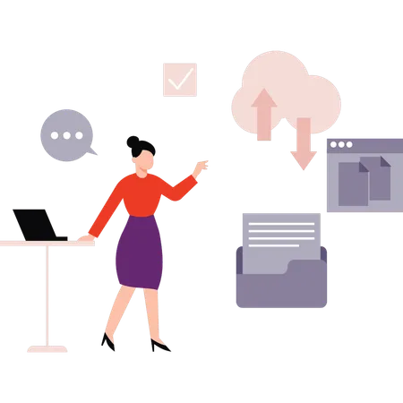 Girl pointing to cloud network files  Illustration