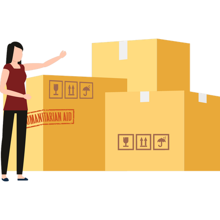 Girl pointing to covid-19 humanitarian parcels  Illustration