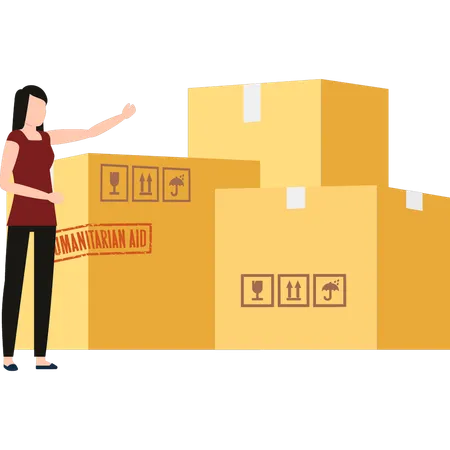 Girl pointing to covid-19 humanitarian parcels  Illustration