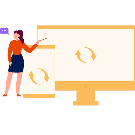 Girl Pointing To Data Transfer From Mobile To Monitor  Illustration