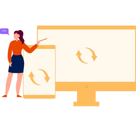 Girl Is Pointing To The Data Transfer From Mobile To Monitor Illustration