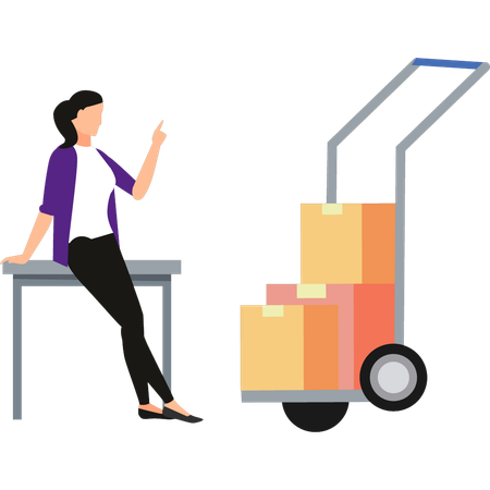 Girl pointing to delivery boxes in trolley  Illustration