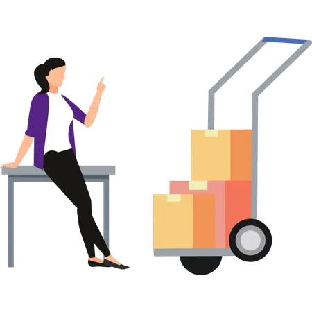 Girl Pointing To Delivery Boxes In Trolley Illustration