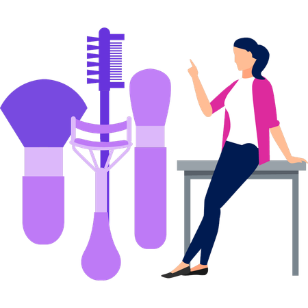 Girl pointing to different beauty brushes  イラスト