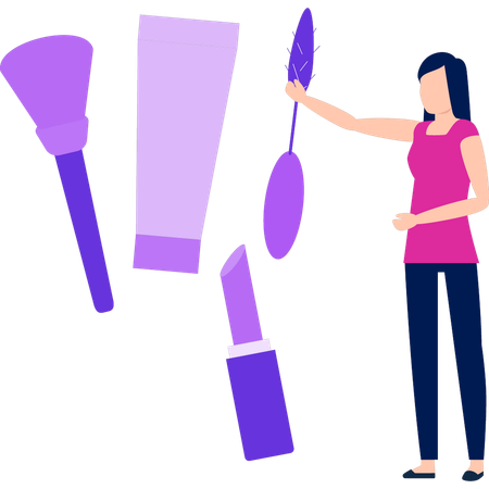 Girl pointing to different face beauty brushes  イラスト
