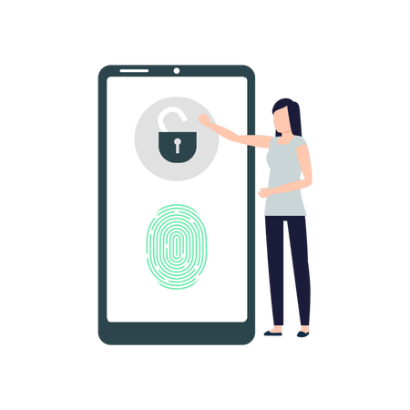 Girl pointing to fingerprint lock on mobile  Illustration