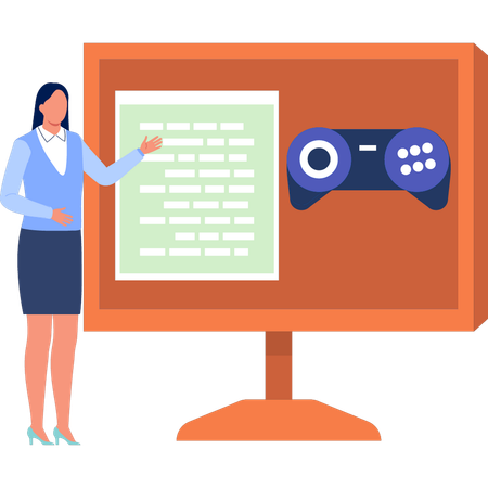 Girl Pointing To Game Instructions On Monitor  Illustration