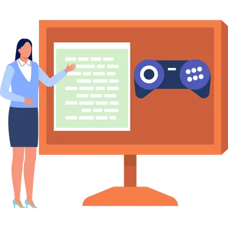 Girl Pointing To Game Instructions On Monitor  Illustration